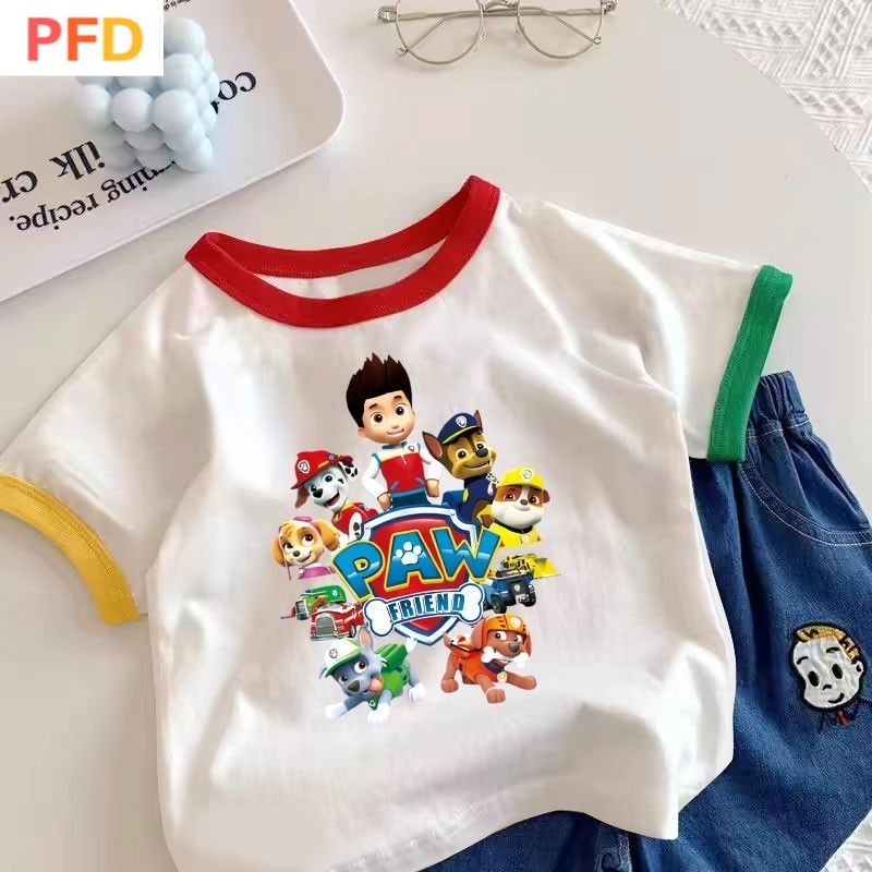 paw patrol สื้อผ้าเด็กฤดูร้อนผ้าฝ้ายแท้แขนสั้นเสื้อยืดด้านบน