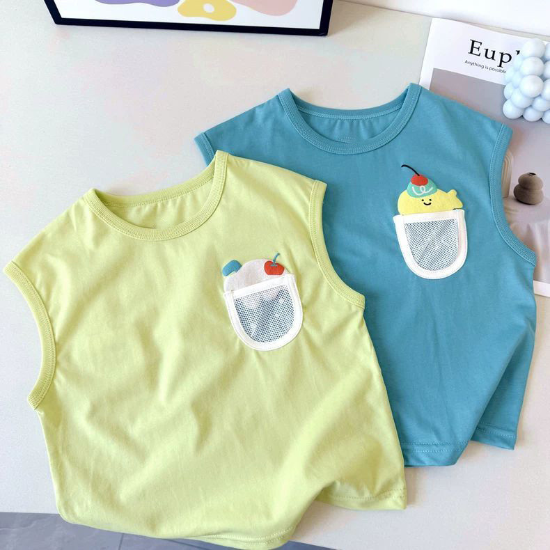 เสื้อกล้ามลำลองสำหรับเด็กฤดูร้อนเสื้อแบบเรียบง่ายสำหรับเด็กผู้ชายเสื้อยืดแขนกุดกระเป๋าการ์ตูนเด็กสไตล์ตะวันตก