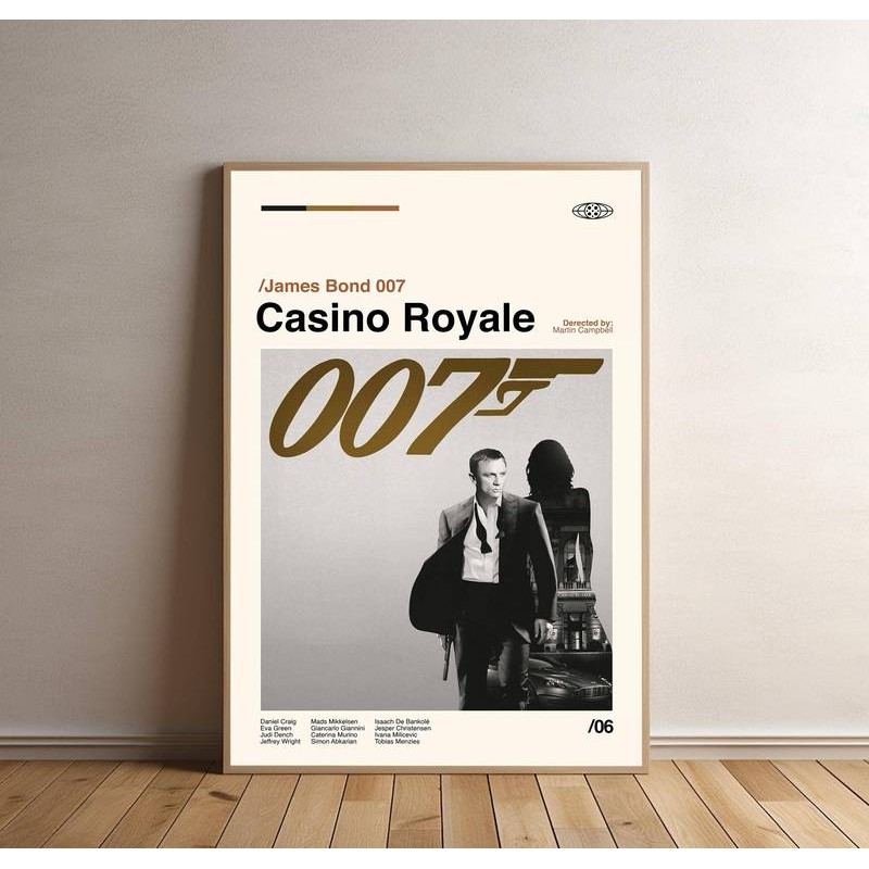 James Bond 007 - Casino Royale ผ้าใบพิมพ์ James Bond 007 โปสเตอร์ Midcentury Art Minimalist Art Retr