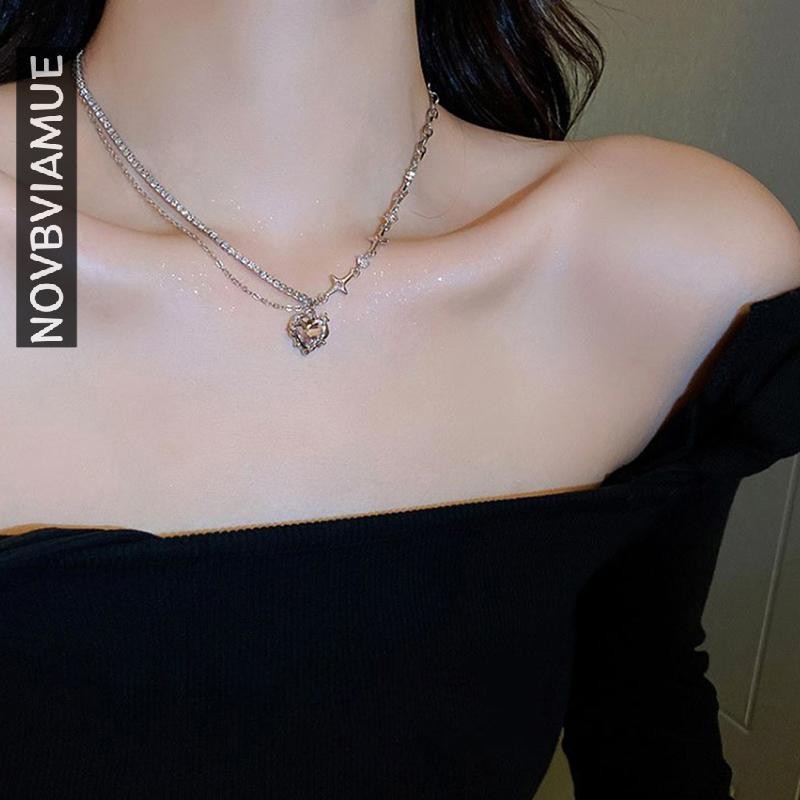 LGVN เกาหลีแนวโน้มแฟชั่นสําหรับผู้หญิงวัยรุ่น Cool Heart จี้สร้อยคอคริสตัล Awn Star สร้อยคอแนวโน้มบุ