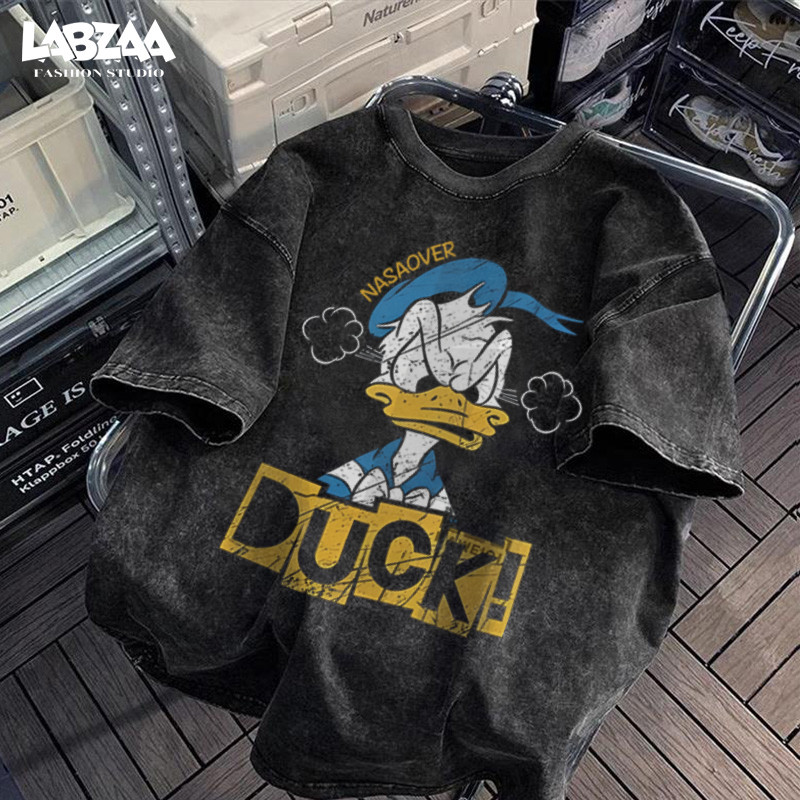 เสื้อยืด oversize⚡คอกลมแขนสั้น วินเทจฟอกน้ำ ใส่สบาย ไม่ต้องรีด แนวสตรีทแฟชั่น ลายโดนัลด์ดั๊ก cotton 100% YG1126