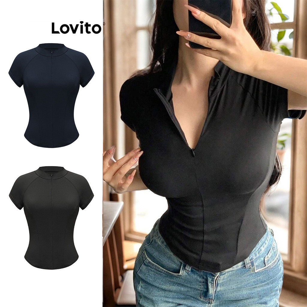 Lovito เสื้อยืดลําลองเสื้อยืดซิปธรรมดาสําหรับผู้หญิง L88AD043 (หลากสี)