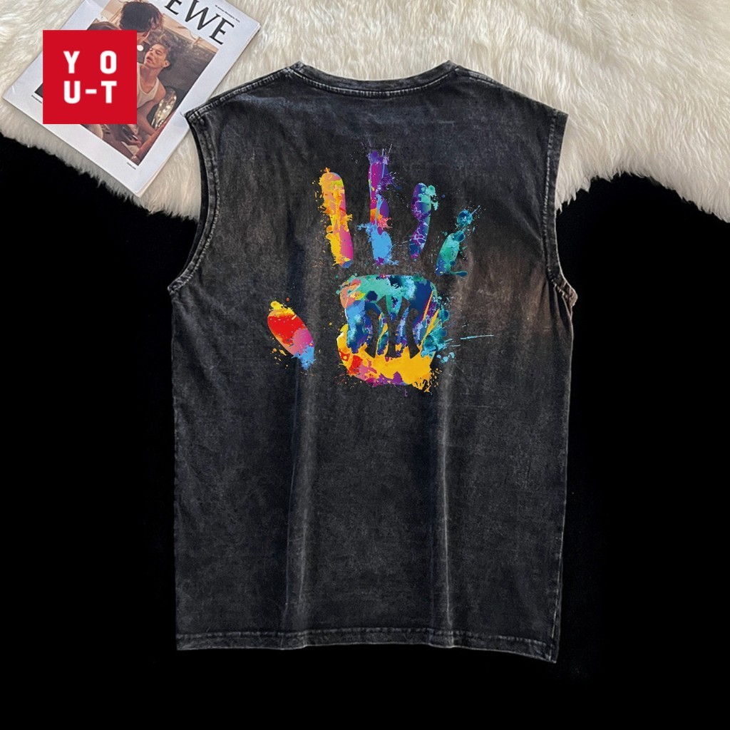 Y-T⚡ เสื้อแขนกุด OVERSIZE เสื้อกั๊กแขนกุดชาย พิมพ์”Colored palms IYI”  ฝ้าย100% แนวสตรีท  สวมใส่สบาย สไตล์ลำลอง Unisex ราคา ถูกที่สุด ดีลบีเคเค