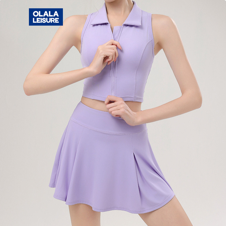 OLaLa Leisure Yoga Sports Set Zip Padded Sports Top And High Waist Tennis Skirt Antibacterial