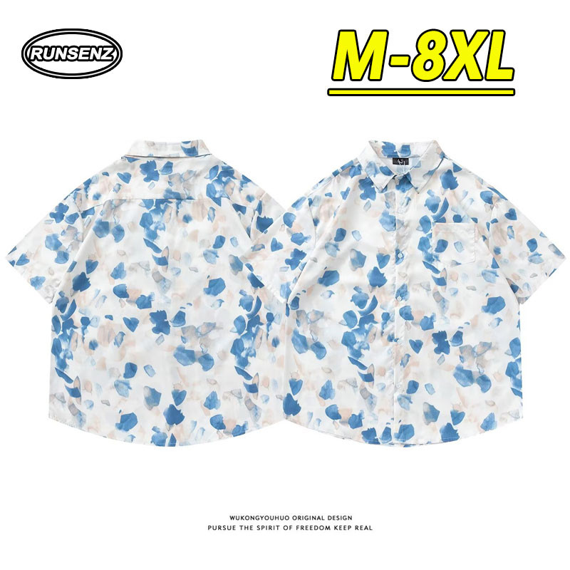 ม-8เอ็กแอล เกาหลี สีฟ้า ดอกไม้ แขนสั้น เสื้อผู้ชาย ขนาดบวก เสื้อบาง สบายๆ หลวม ขนาดใหญ่