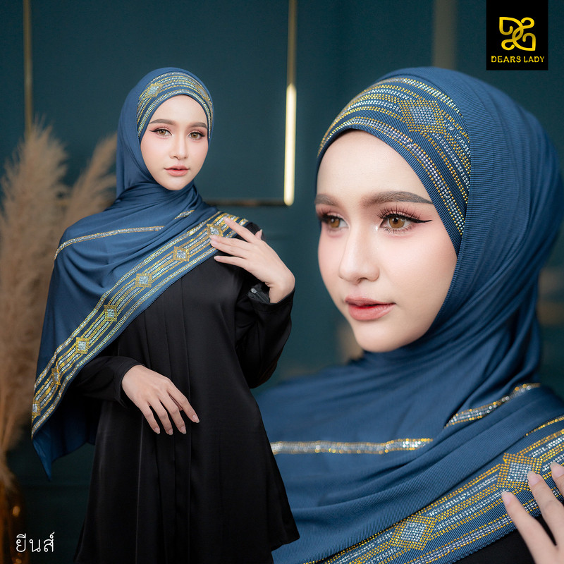 ผ้าพันฮิญาบแบบกึ่งสำเร็จ มีเชือกผูกด้านในทำให้สวมใส่ง่ายขึ้น ประดับเพชรรีด สวยงามHN02วาริสมุสลิม