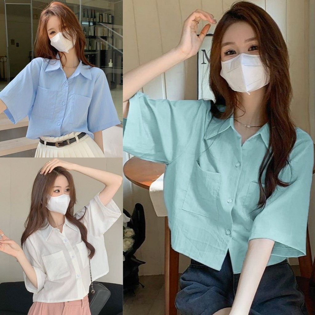 Suysuy เสื้อครอปเชิ้ตแขนสั้น คอปก ผ้าคอตตอน กระเป๋าหน้าสองข้าง ติดกระดุม (รุ่นติดกระดุม)