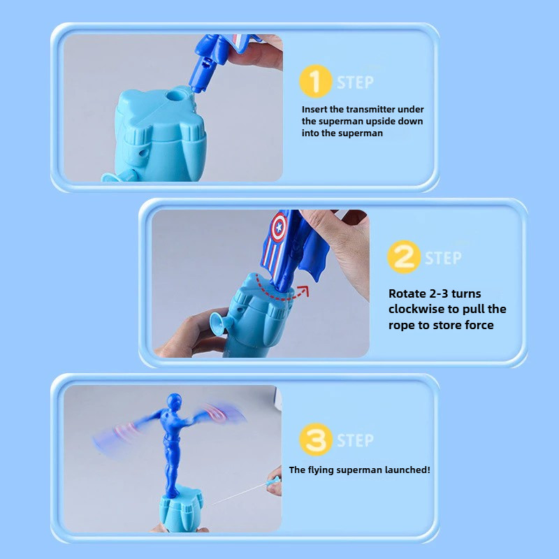 การ์ตูนสไปเดอร์แมนบินของเล่นซูเปอร์แมนกัปตันอเมริกาไอรอนแมนดึงสตริงของเล่นไม้ไผ่แมลงปอปั่นเปิดตัวของเล่น - รูปที่ 3