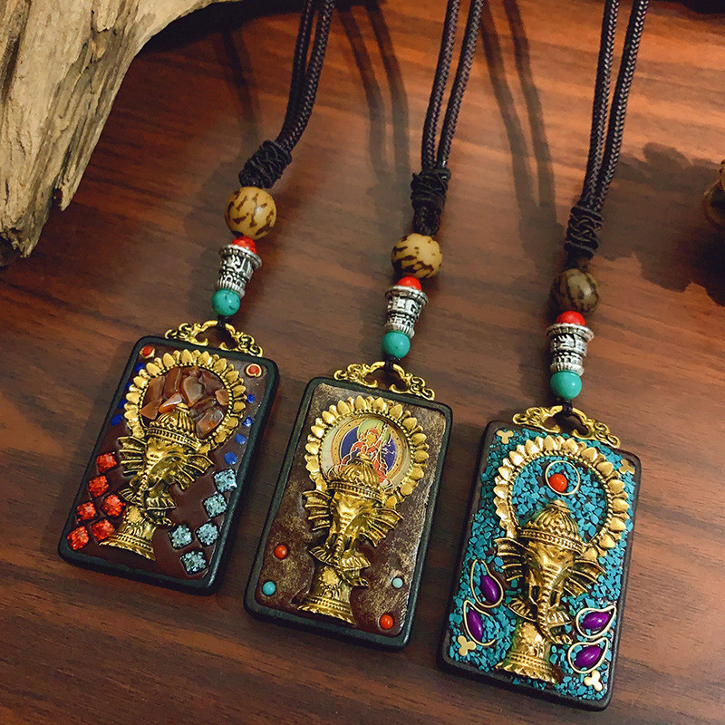 Retro เนปาล Thangka ทิเบต Amulet สร้อยคอยาว Ebony จี้อุปกรณ์เสริมทิเบต Amulet เสื้อกันหนาวผู้หญิง E9