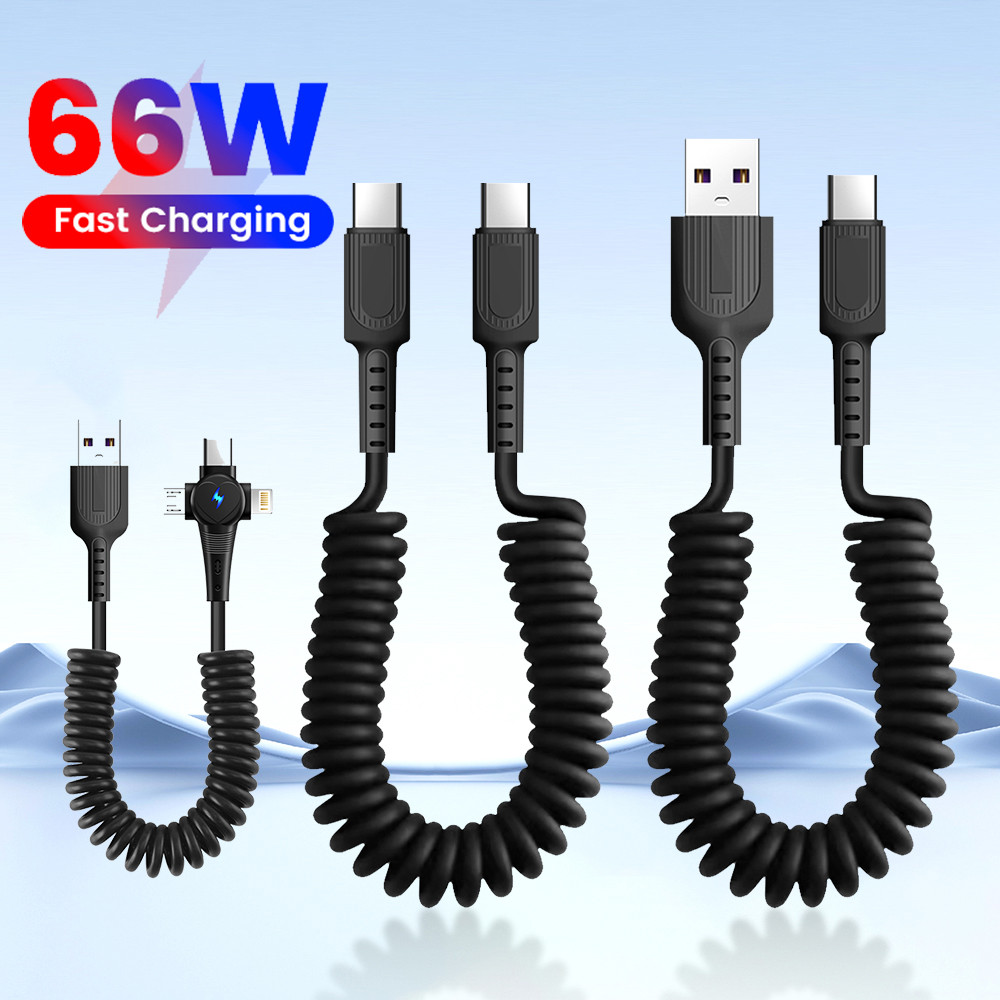 Elough 3 in 1 Spring Telescopic Data Cable 1M 1.6M USB Type C สายชาร์จโทรศัพท์ในรถยนต์ 66W Type C ถึง Type C PD สายชาร์จ