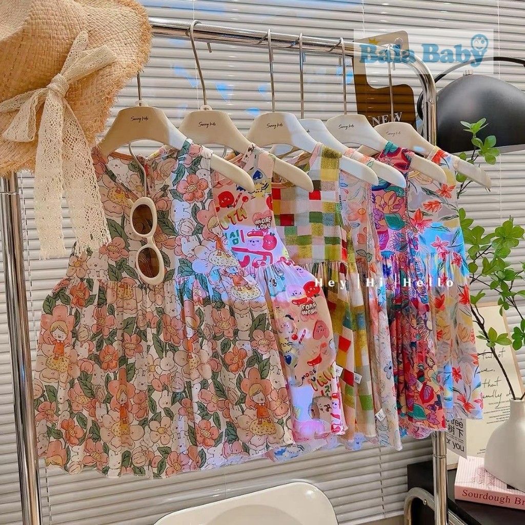 ชุดเดรสเด็กหญิง เดรสดอกไม้เด็ก ผ้าพลิ้วๆ พิมพ์ลายดอกไม้ Size80-130cm LYQ34