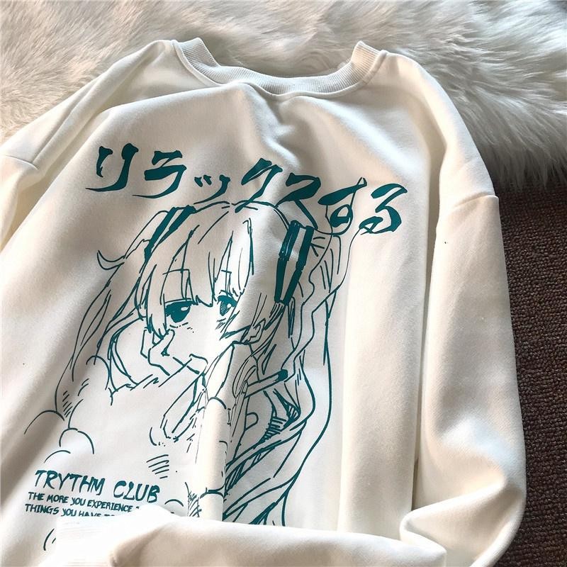 เสื้อกันหนาว แขนยาว คอกลม ทรงหลวม เสื้อกันหนาวโอเวอร์ไซส์ ลายการ์ตูนอนิเมะญี่ปุ่น ลายน่ารัก สไตล์เกาหลีญี่ปุ่น