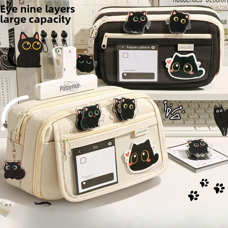 กระเป๋าดินสอการ์ตูนแมวสีดำ/ขาวน่ารัก - ดีไซน์ทนทานกันน้ำพร้อมซิปเปิดปิดโปร่งใส จัดเก็บหลายช่องสำหรับไม้บรรทัด 20 ซม. และปากกา 80 ด้าม - อุปกรณ์การเรียนที่สมบูรณ์แบบ