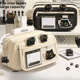 กระเป๋าดินสอการ์ตูนแมวสีดำ/ขาวน่ารัก - ดีไซน์ทนทานกันน้ำพร้อ…