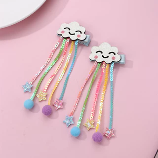 Kids Hair Pins Clouds Smiley Sequins Tassels Ribbon เครื่องประดับผมกันลื่น