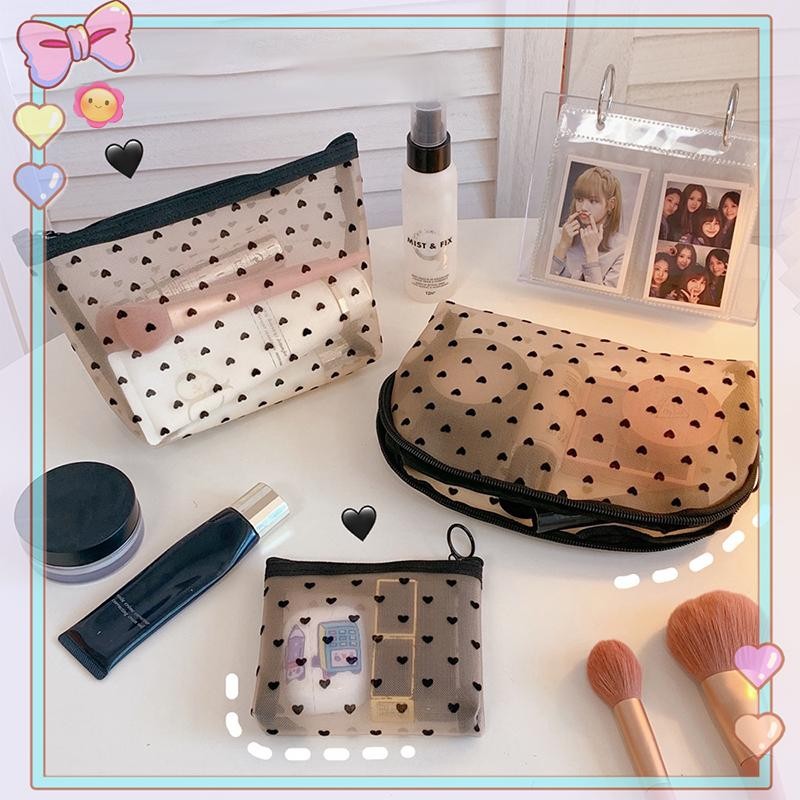 [ความงาม] Love Print Mesh Cosmetic Bag Portable Toiletry Organizer Makeup Bag Transparent Women Lipstick Storage Pouch {sale}