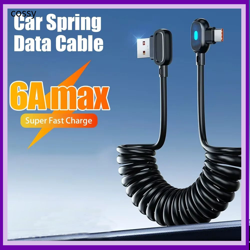 COSSY 6A สายเคเบิลข้อมูลฤดูใบไม้ผลิ, PVC สีดํา USB C ถึง Type C สายชาร์จเร็ว, สปริงข้อศอก Telescoping Charger สายไฟสําหรับรถยนต์ Huawei