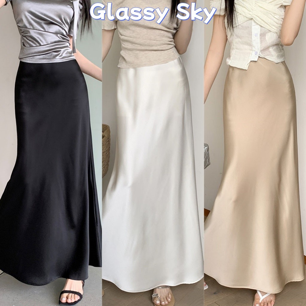 Glassy Sky พร้อมส่ง กระโปรงขายาว สีพื้น เรียบหรูดูแพง ยืดกำลัวดีใส่สบาย ผ้าใส่สบาย (3117)