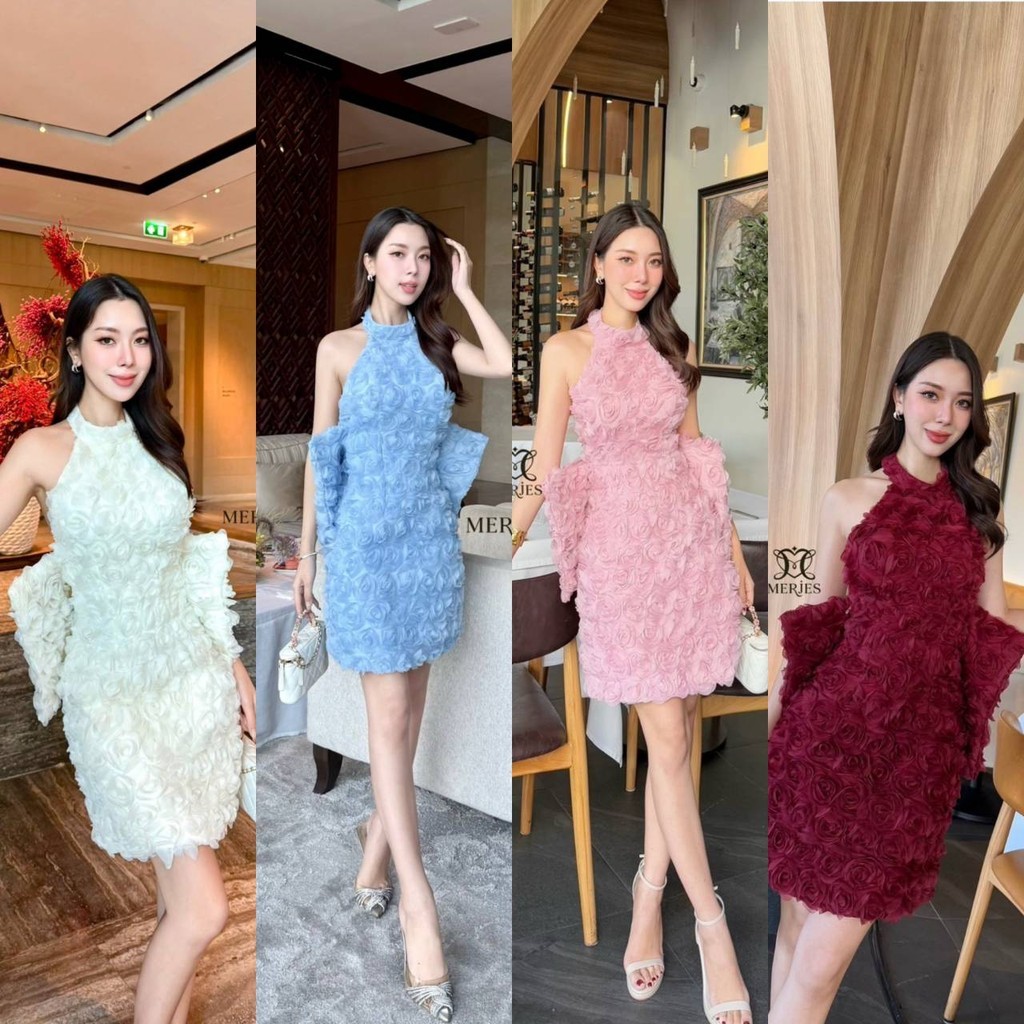 Cr.shop (พร้อมส่ง) Merjes13 เดรสดอกไม้กุหลาบ 3D แขนกุดทรงเข้ารูปงานคล้องคอด้านหลังงานเว้าหลัง สวยๆ