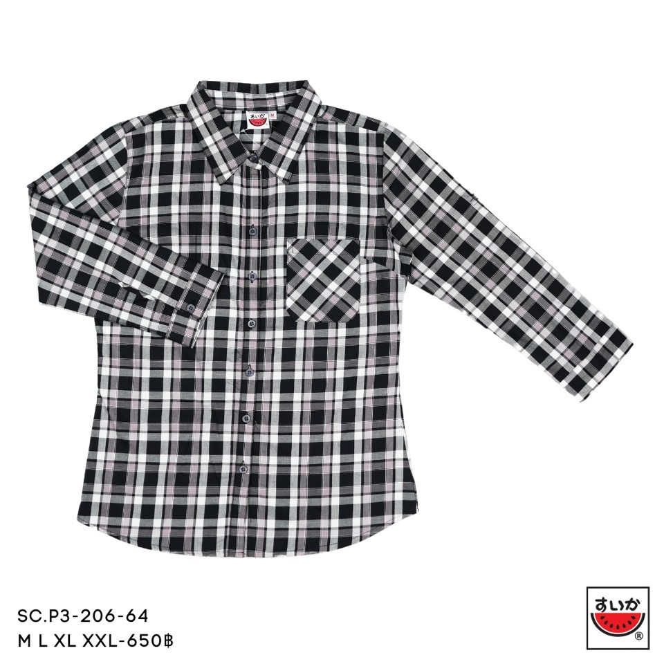 เสื้อแตงโม (SUIKA) คอปกเชิ้ตผ่าหน้าแขนสามส่วน ผู้หญิง ลายสก๊อต (ผ้าไม่ยืด) ( SC.P3 ) — صورة 3