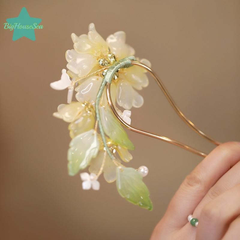 [BigHouseSea] U รูปร่าง Peony Hairpin สําหรับผู้หญิง Vintage สไตล์จีนดอกไม้ผม Stick Handmade โลหะเครื่องประดับอุปกรณ์เสริมผม Hanfu หวีผมใหม่