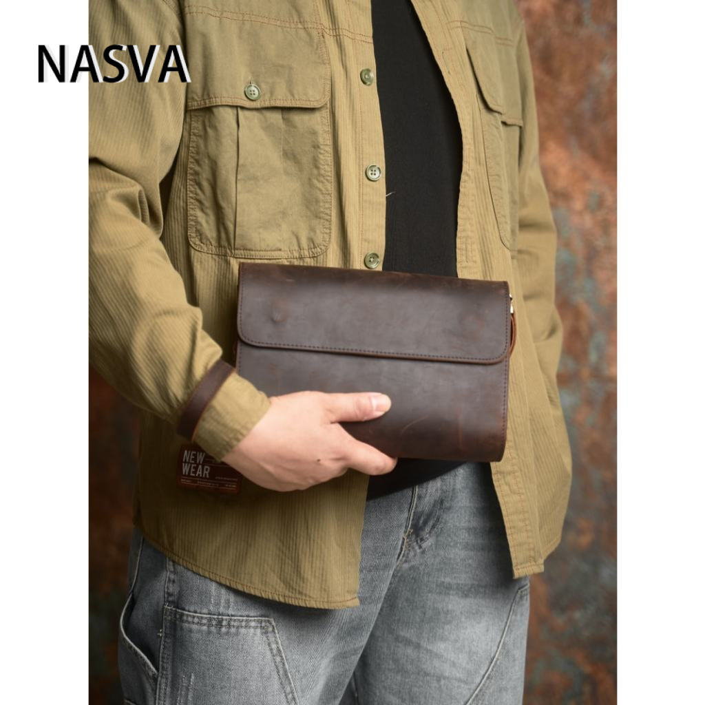 NASVA Handmade Original Crazy Horse Leather Mens Clutch Bag กระเป๋าสตางค์หนังแท้ Retro Mobile Phone Bag First Layer Cowhide Clutch Bag