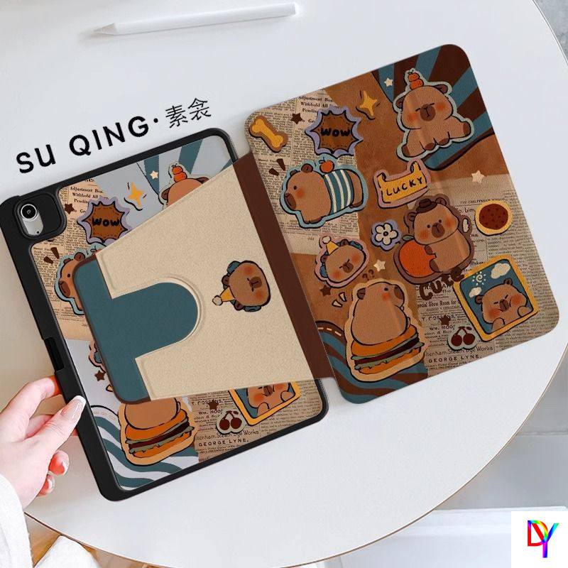 เคส iPad หมุนได้ 360 องศาสําหรับ iPad11 2025 Pro11 air6/5/4 10.9 10.5 10th 2022 gen7gen8gen9 10.2 นิ้ว Mini6/7 น่ารัก Kapibala ฝาครอบป้องกันพร้อมช่องเสียบปากกา