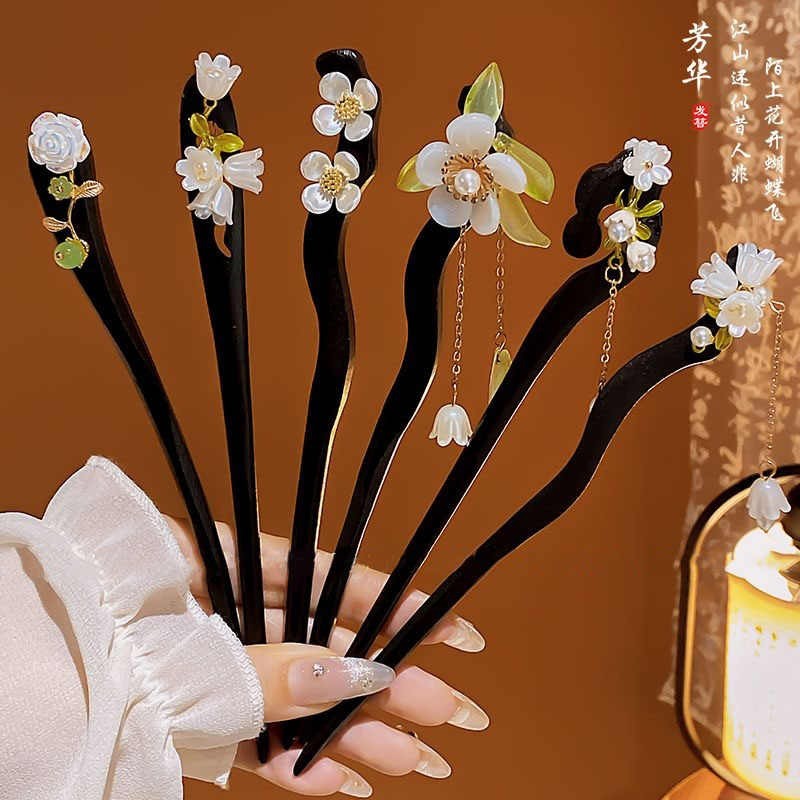 Antique Lily of The Valley ดอกไม้พู่ Hairpin ผู้หญิง High-end Hanfu ไม้จันทน์อุปกรณ์เสริมผม