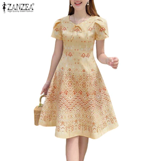 ZANZEA ใส่ ซานเซีย ผู้หญิงเกาหลีหรูหรารอบคอสั้นกลีบแขนตกแต่งพิมพ์ชุด