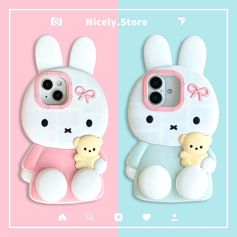 น่ารักการ์ตูนกระต่ายซิลิโคนเคสโทรศัพท์เข้ากันได้สําหรับiPhone 16 15 14 13 Pro Max 13promax Thicken Scalable Bracketกันกระแทกปลอกมือถือ