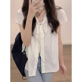 Veewink พร้อมส่งจากกทม เสื้อลําลองเสื้อเย็บผ้าด้านหน้าผูกธรรมดาสําหรับผู้หญิง สวย น่ารัก ใส่แล้วหุ่นสวย
