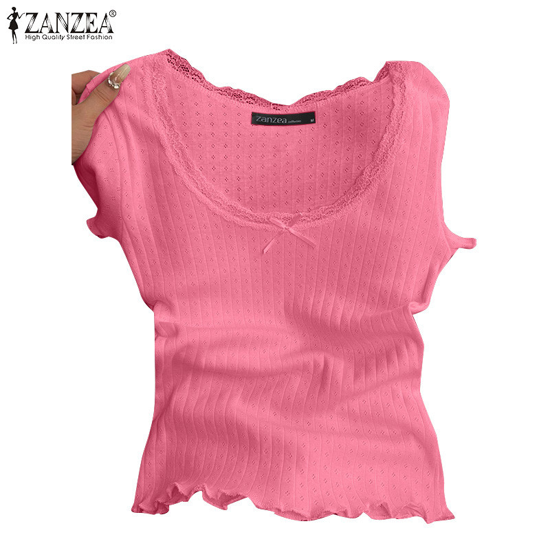 ZANZEA ซานเซีย เสื้อยืดแฟชั่นเกาหลี แขนสั้น ลายลูกไม้