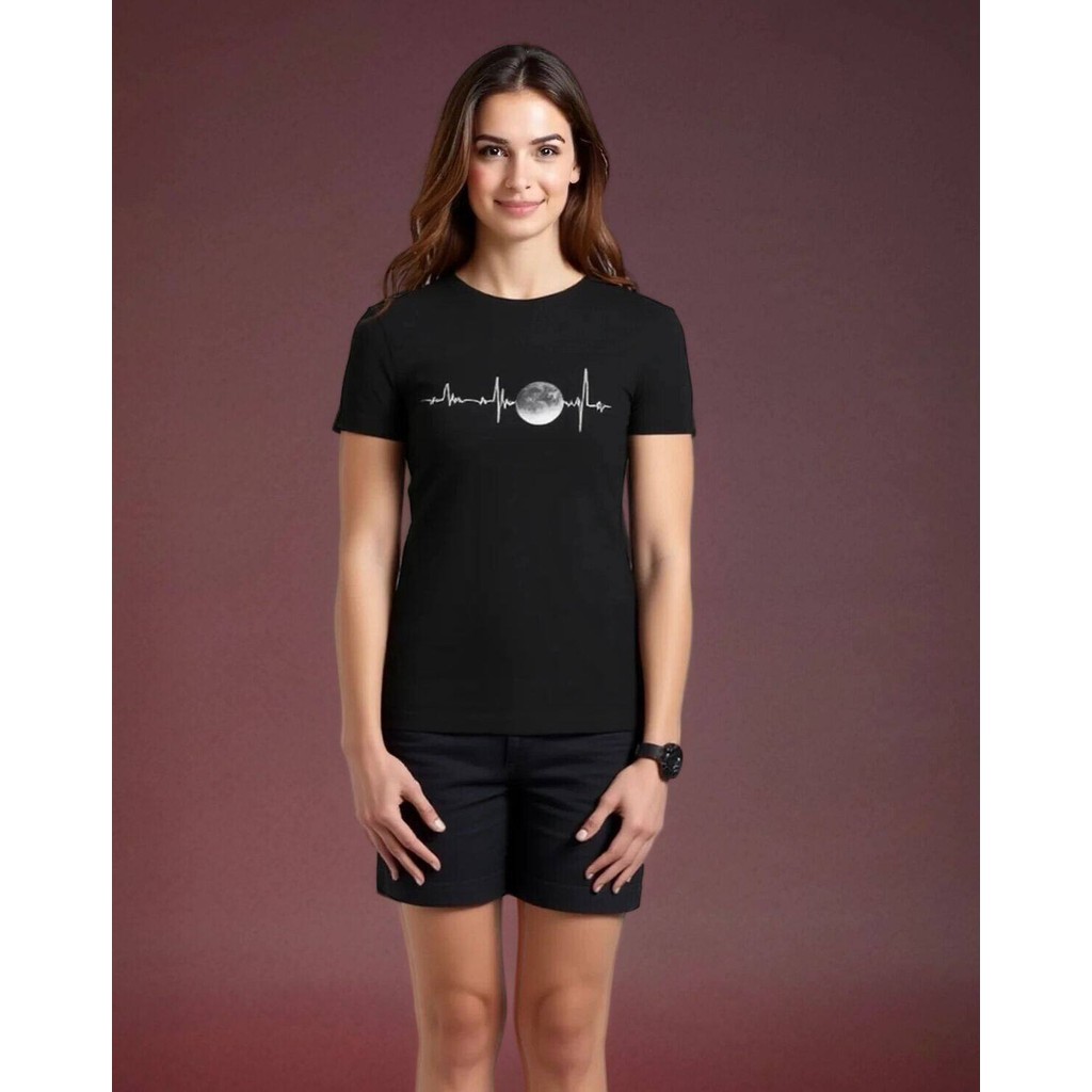 เสื้อยืดผ้าฝ้ายพิมพ์ลาย ECG & Moon สําหรับทุกเพศ - เสื้อยืดคอกลมลําลองระบายอากาศได้สําหรับเสื้อยืดกร