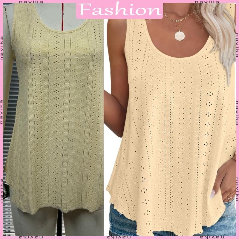 NAV คอกลมลําลองแขนกุดสําหรับผู้หญิงชายหาดฤดูร้อนตาไก่ Flowy Tank เสื้อ
