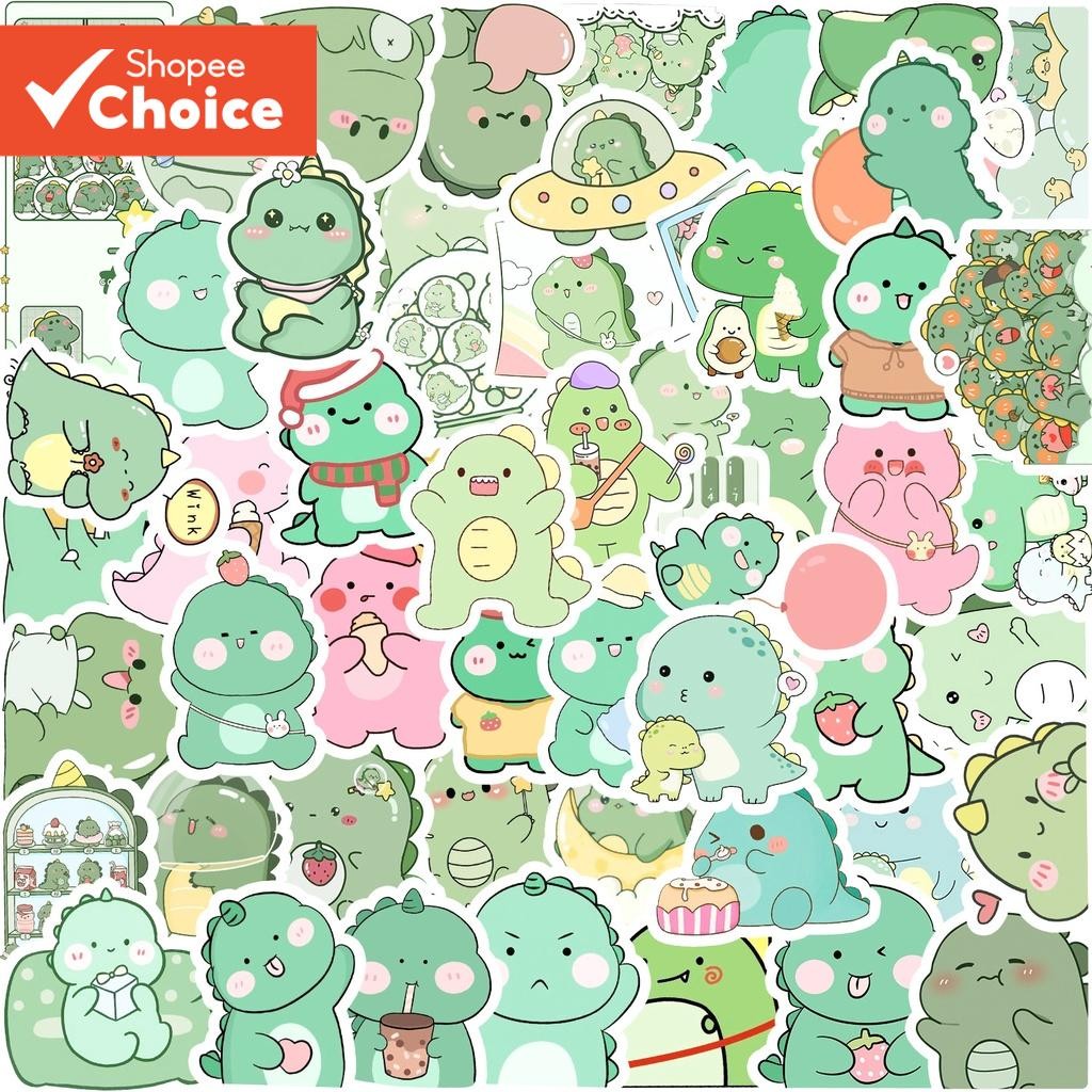 น่ารักสีเขียวการ์ตูนไดโนเสาร์ 50PCS สติกเกอร์กันน้ําสําหรับหมวกกันน็อคจักรยานบัญชีมือกรณีดินสอ Decals LanLanStickersWorld