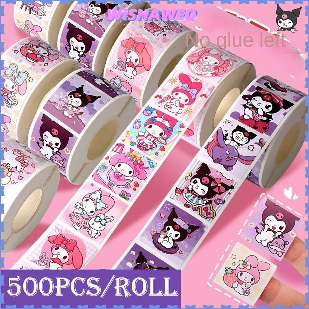 WISHAWEO 500 ชิ้น/ม้วนสติกเกอร์ Sanrio,กันน้ํา Self-กาวสติกเกอร์การ์ตูน,เทปกระดาษแบบพกพาKuromi Melody HelloKittyการ์ตูนสไตล์เครื่องเขียนนักเรียนDIY