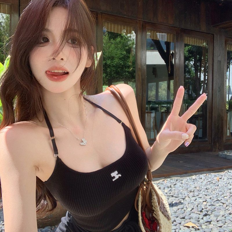 เสื้อกั๊กคอแขวนแบบทันสมัย สายเอี๊ยมถักแบบเรียบง่าย  เสื้อชั้นในรัดรูปยืดหยุ่นสำหรับผู้หญิง JD