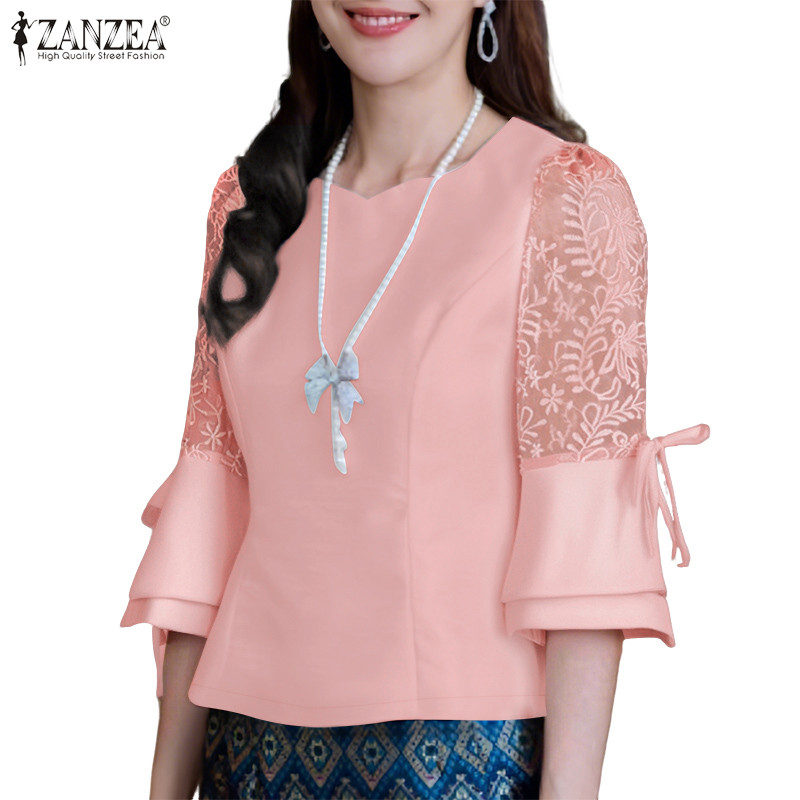 ZANZEA ผู้หญิงเกาหลีที่เงียบสงบหรูหรา Sweetheart Collar Flare Sleeve ลูกไม้โครเชต์ สปไลซิ่งเสื้อ