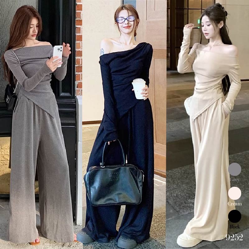 เซ็ต2ชิ้น สีดำ เสื้อยืดแขนยาว เปิดไหล่ จับจีบเอว ชายเสื้อแหลม +กางเกงขายาวเอวลูงยางยืด กระเป๋า2ข้าง #9252