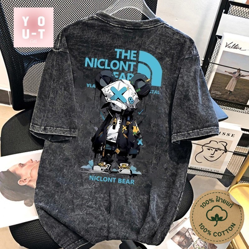 YOU-T เสื้อแขนสั้นหลวมๆ☄️เสื้อยืดคอกลม OVERSIZE อเมริกันย้อนยุค ฝ้าย100%🌟 Unisex  สวมใส่สบาย แนวสตรีท พิมพ์ THE NICLONT