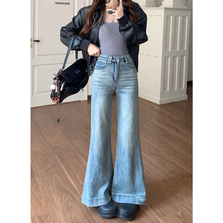 Bella shop กางเกงยีนส์ขากว้าง กางเกงยีนส์เอวสูง แมทง่าย ใส่ได้ทุกลุค เนื้อผ้าดีระบายอากาศ วินเทจ คุณภาพสูง