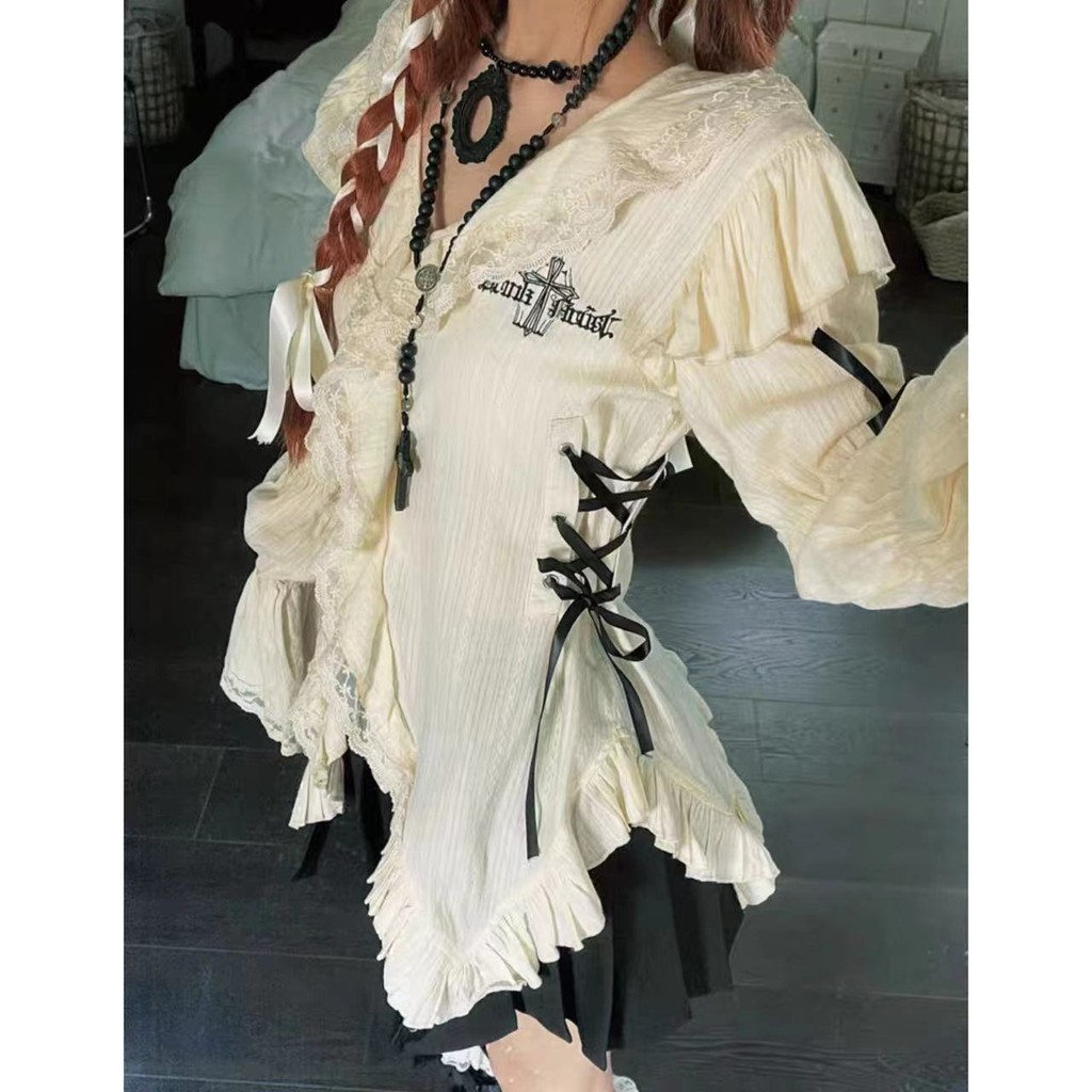 X-ORANGE Asian Culture y2k Ruffled เสื้อเชิ้ตสีขาวปักพัฟแขน Bow Top ใหม่ ins แฟชันเสื้อผ้าผู้หญิง