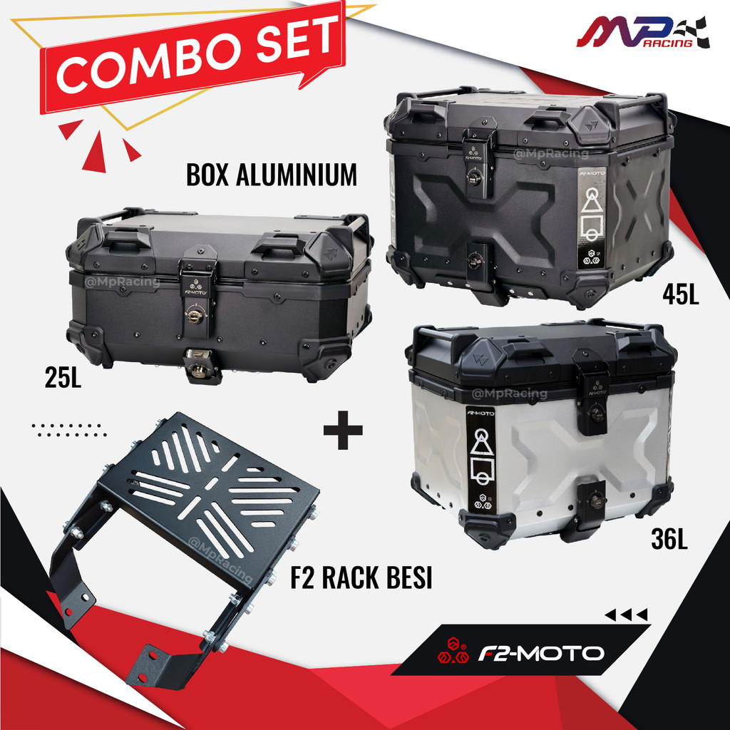 COMBO SET F2-MOTO ALUMINIUM BOX 25L,35L,45L+ F2 Rack Lipat Y15/Y16/LC135/RSX/RS150/NMAX