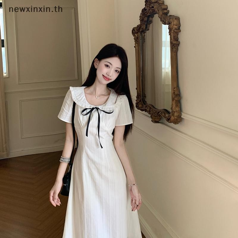 ชุดเดรสแขนสั้นคอปกปีเตอร์สไตล์อ่อนโยนฝรั่งเศสร้อนสำหรับผู้หญิง{T}