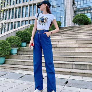 🌷👖MKL👖🌷 กางเกงยีนส์ขายาว ทรงกระบอก เอวสูง ปลายขารุ่ย กางเกงยีนส์ขายาวผู้หญิง 🔥⚡ #8058