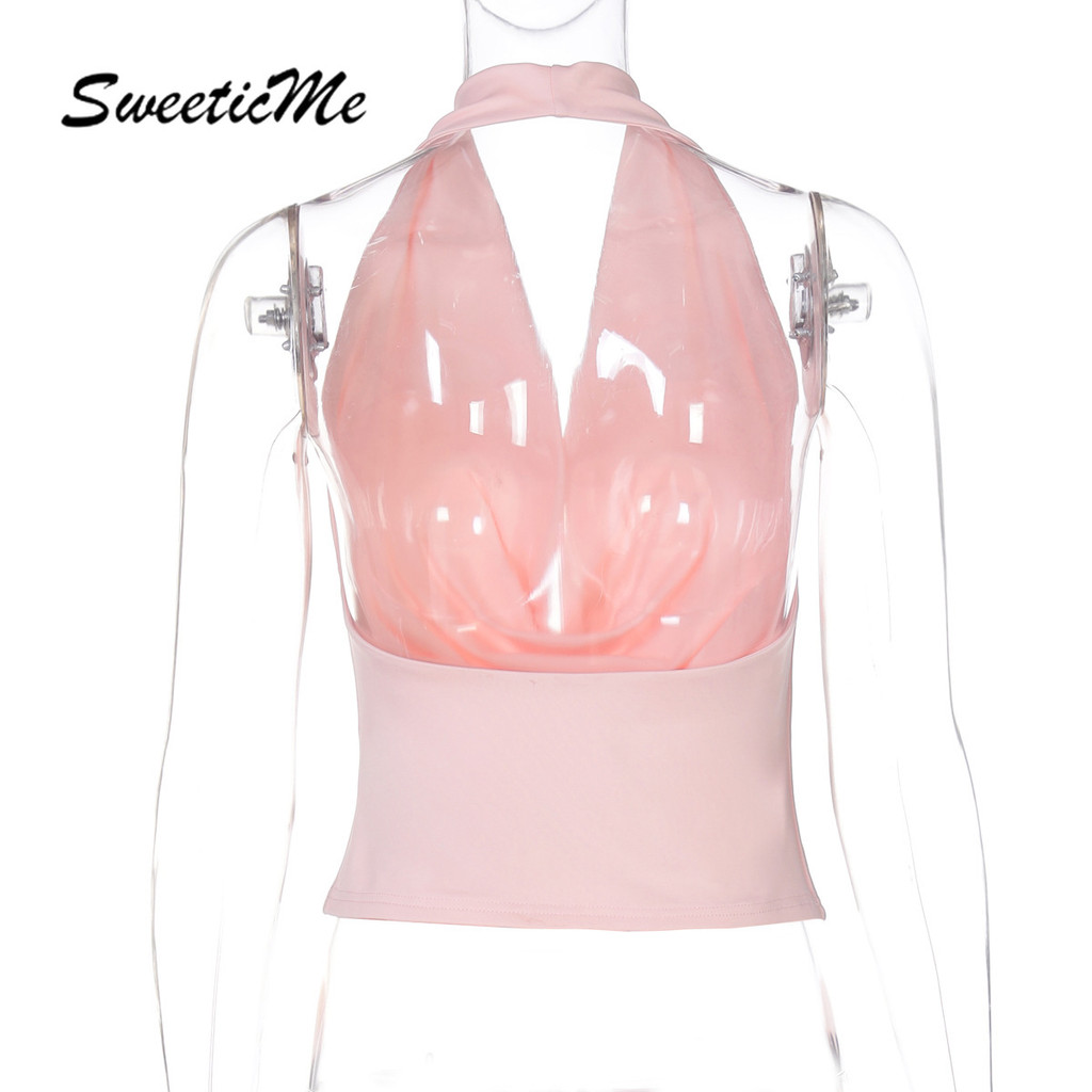 SweeticMe ผู้หญิง 2025 ใหม่แฟชั่นเซ็กซี่คอวีลึกสีทึบ Street All Match Halter เสื้อกล้าม ราคา ถูกที่สุด ดีลบีเคเค แกลเลอรีภาพที่ 8