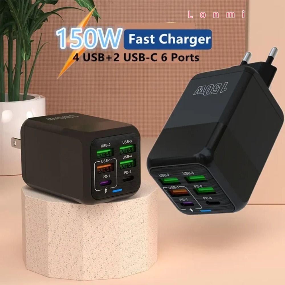 LONMI 150W ปลั๊กชาร์จ, PD QC3.0 EU/US/UK อะแดปเตอร์ชาร์จโทรศัพท์, 6 พอร์ต USB A+C Fast Charging USB C Charger สําหรับ //