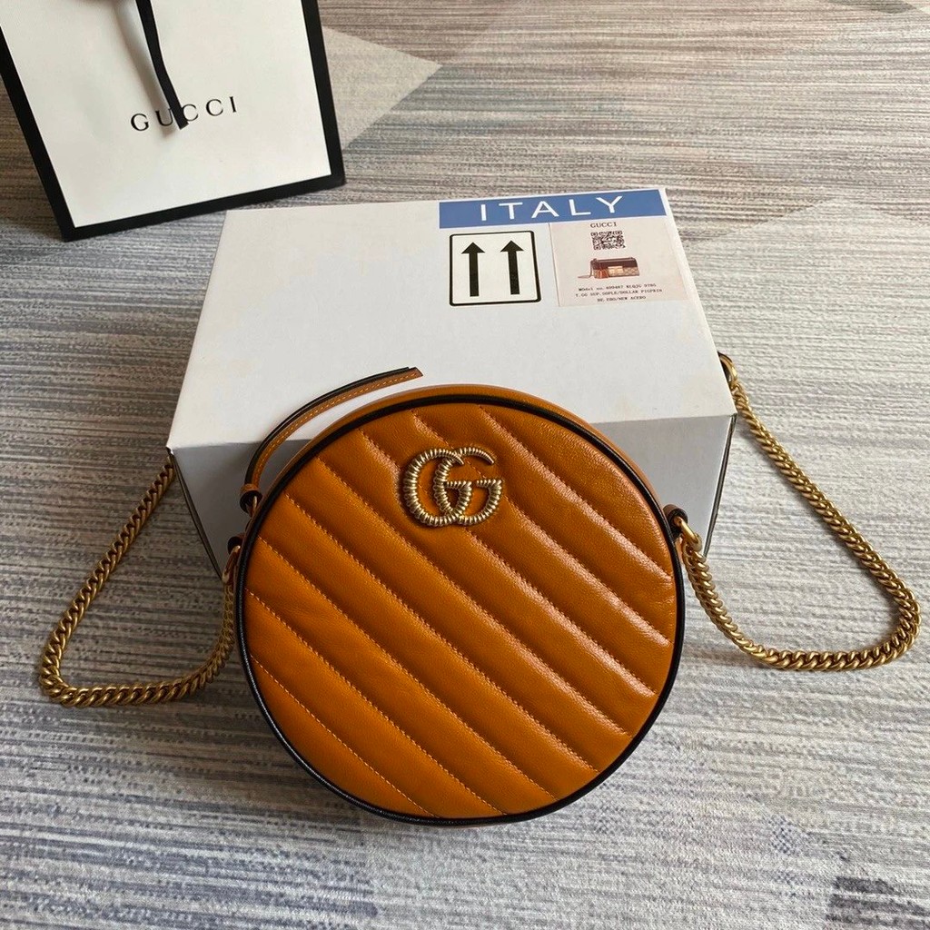 กระเป๋าหนังแท้แบรนด์ G ระดับการซื้อ ** กระเป๋าผู้หญิง Gucci ของแท้ GG Marmont กระเป๋าโซ่กลมขนาดเล็ก 