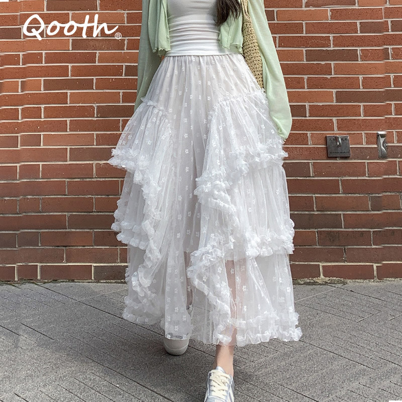 Qooth Elegant ฤดูร้อนผู้หญิงเอวยางยืดเค้ก Layered Tulle กระโปรงลูกไม้ Patchwork ยาว Flare กระโปรง QT2592