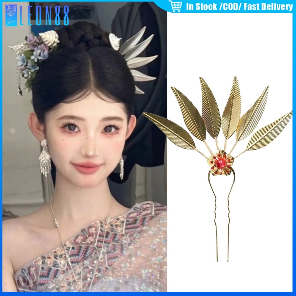 ของมาใหม่！เครื่องประดับผมล้านนา ชุดไทย ปิ่นปักผมออเจ้า สีทอง ลายใบไม้